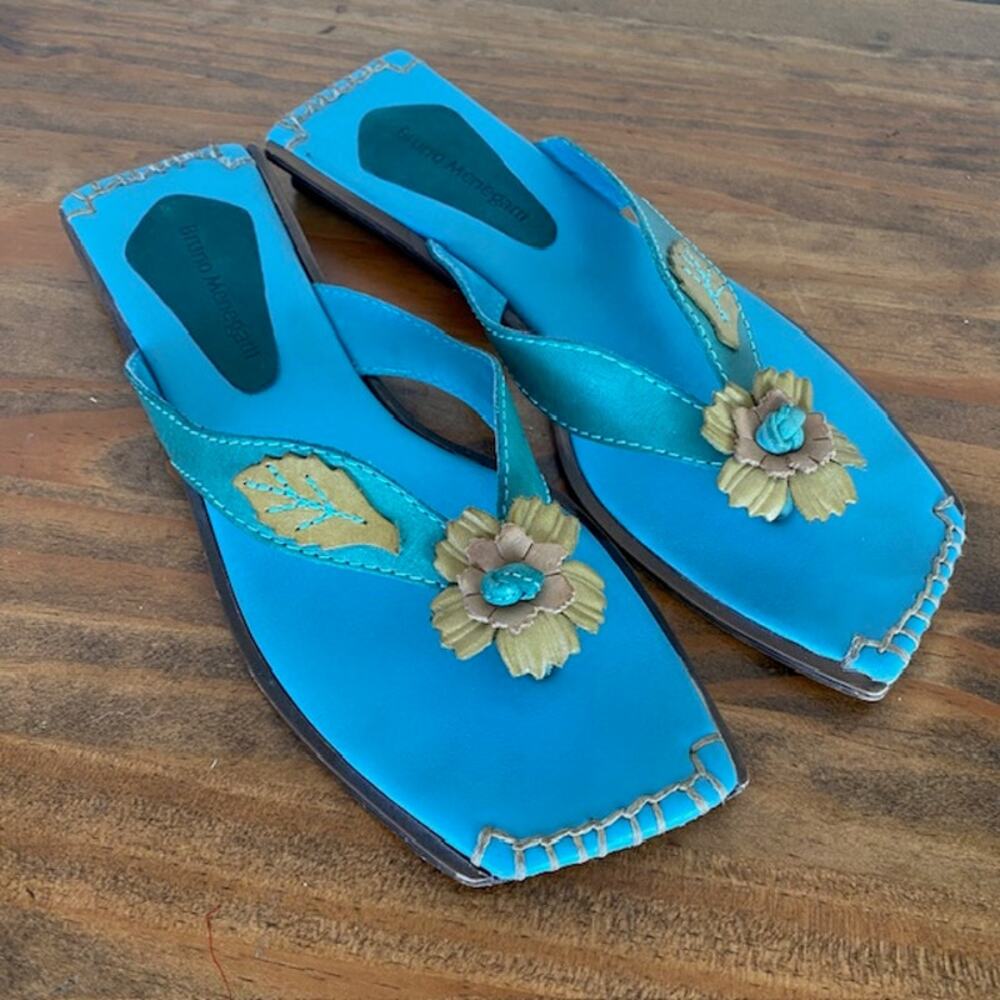 Bruno Menegatti Teal Leather Flip Flop Sandals - Size 8